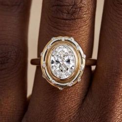 Golden Bezel Oval & Round Cut White Sapphire Engagement Ring