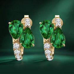 Golden Pear & Round Cut Emerald & White Sapphire Hoop Earrings