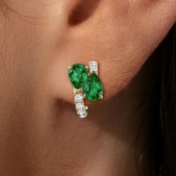 Golden Pear & Round Cut Emerald & White Sapphire Hoop Earrings