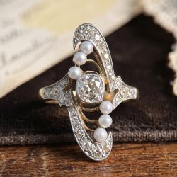 Two Tone Cushion & Round Cut Pearl & White Sapphire Engagement Ring