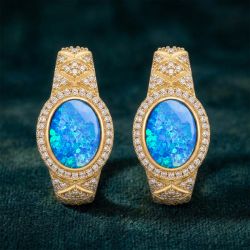 Golden Halo Cabochon Oval Cut Blue Opal & White Sapphire Hoop Earrings