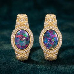 Golden Halo Cabochon Oval Cut Opal & White Sapphire Hoop Earrings