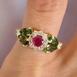 Golden Halo Round & Pear Cut Ruby & White & Peridot Sapphire Engagement Ring