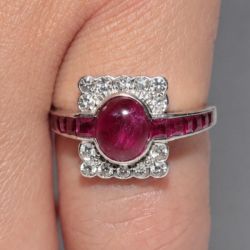 Halo Bezel Oval Cabochon & Round & Asscher Cut Ruby & White Sapphire Engagement Ring