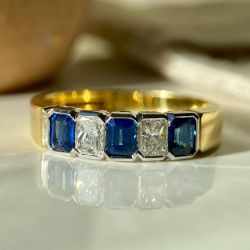 Two Tone Emerald & Radiant Cut Blue & White Sapphire Half Eternity Wedding Band Ring