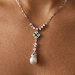 Round & Baguette & Princess Cut Pearl & White & Emerald Sapphire Pendant Necklace