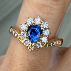 Golden Halo Pear & Round Cut Blue & White Sapphire Engagement Ring