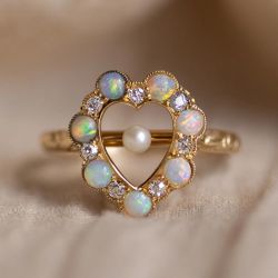 Heart Shape Round Cut Pearl & Opal & White Sapphire Engagement Ring