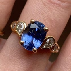 Golden Cushion & Pear & Round Cut Blue & White Sapphire Engagement Ring