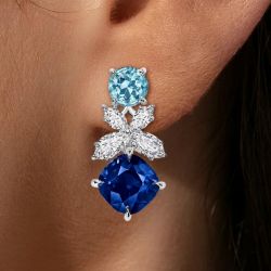 Cushion & Round & Marquise Cut Blue & Aquamarine & White Sapphire Drop Earrings