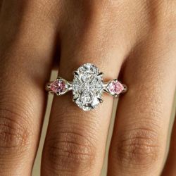Three Stone Oval & Pear Cut White & Pink Sapphire Engagement Ring