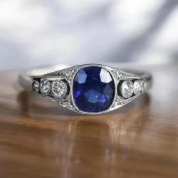 Bezel Milgrain Cushion & Round Cut Blue & White Sapphire Engagement Ring
