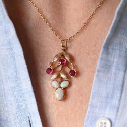 Rose Gold Round & Oval Cut Opal & Ruby Sapphire Pendant Necklace
