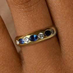 Golden Bezel Oval & Round Cut Blue & White Sapphire Half Eternity Wedding Band Ring