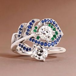 Leaf Design Round Cut White & Blue & Emerald Sapphire Engagement Ring