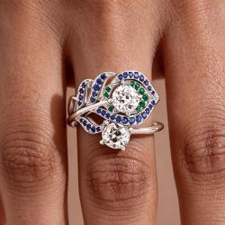 Leaf Design Round Cut White & Blue & Emerald Sapphire Engagement Ring