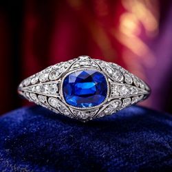 Bezel Milgrain Cushion & Round Cut Blue & White Sapphire Engagement Ring