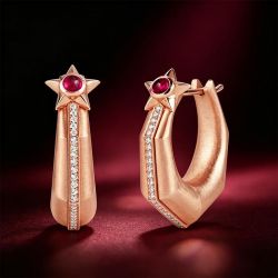 Rose Gold Round Cabochon Cut Ruby & White Sapphire Hoop Earrings