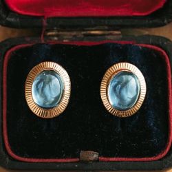 Golden Bezel Oval Cabochon Cut Aquamarine Sapphire Stud Earrings