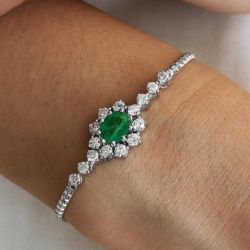 Halo Oval & Round Cut Emerald & White Sapphire Tennis Bracelet