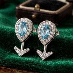 Halo Pear & Round Cut Aquamarine & White Sapphire Drop Earrings 