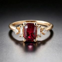 Golden Cushion & Baguette Cut Ruby & White Sapphire Engagement Ring
