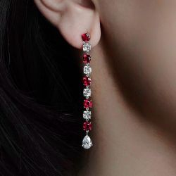 Cushion & Pear Cut Ruby & White Sapphire Drop Earrings