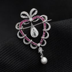 Heart Shape Pear & Round Cut White & Ruby Sapphire & White Pearl Brooch 
