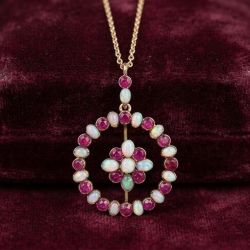 Golden Bezel Round & Oval Cut Opal & Ruby Sapphire Pendant Necklace