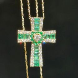 Golden Cross Round & Baguette Cut White & Emerald Sapphire Pendant Necklace