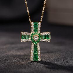 Golden Cross Round & Baguette Cut White & Emerald Sapphire Pendant Necklace