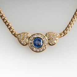 Golden Halo Round Cut Blue & White Sapphire Pendant Necklace