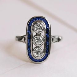 Bezel Round & Princess & Baguette Cut White & Blue Sapphire Engagement Ring
