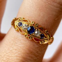 Golden Five Stone Round Cut Blue & White Sapphire Engagement Ring