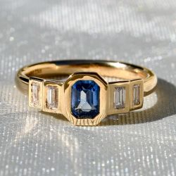 Golden Bezel Emerald & Baguette Cut Blue & White Sapphire Engagement Ring