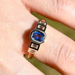 Golden Bezel Emerald & Baguette Cut Blue & White Sapphire Engagement Ring