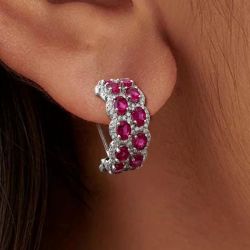 Halo Oval & Round Cut Ruby & White Sapphire Hoop Earrings