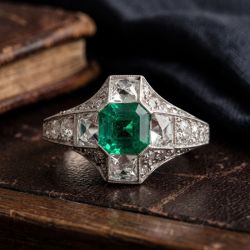 Halo Asscher & Princess & Round Cut Emerald & White Sapphire Engagement Ring