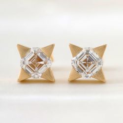 Golden Star Solitaire Asscher Cut White Sapphire Stud Earrings