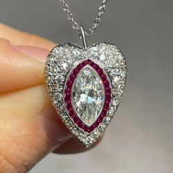 Halo Marquise & Princess & Round Cut White & Ruby Sapphire Pendant Necklace