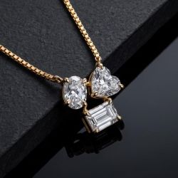 Three Stone Emerald & Oval & Heart Cut White Sapphire Pendant Necklace