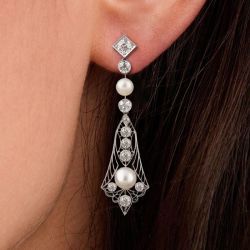 Open Work Round Cut Pearl & White Sapphire Drop Earrings