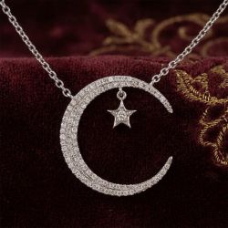 Crescent Moon & Star Round Cut White Sapphire Pendant Necklace