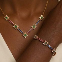 Golden Round & Baguette Cut Emerald & Ruby & Blue Sapphire Pendant Necklace & Tennis Bracelet Set