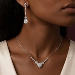 Floral Design Round Cut White Sapphire Drop Earrings & Pendant Necklace Set