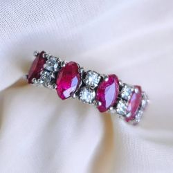Marquise & Round Cut Ruby & White Sapphire Half Eternity Wedding Band Ring