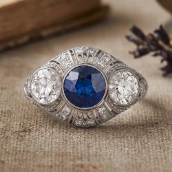 Milgrain Bezel Round Cut Blue & White Sapphire Engagement Ring