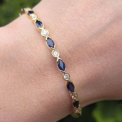 Golden Alternating Marquise & Round Cut Blue & White Sapphire Bangle Bracelet