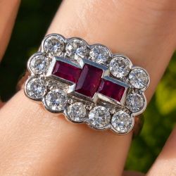 Two Tone Baguette & Round Cut Ruby & White Sapphire Engagement Ring