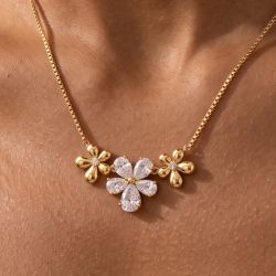 Golden Floral Pear & Round Cut White Sapphire Pendant Necklace